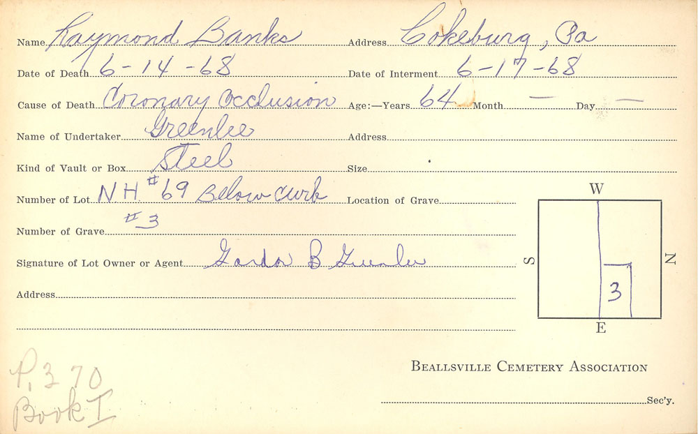 Raymond Banks burial card